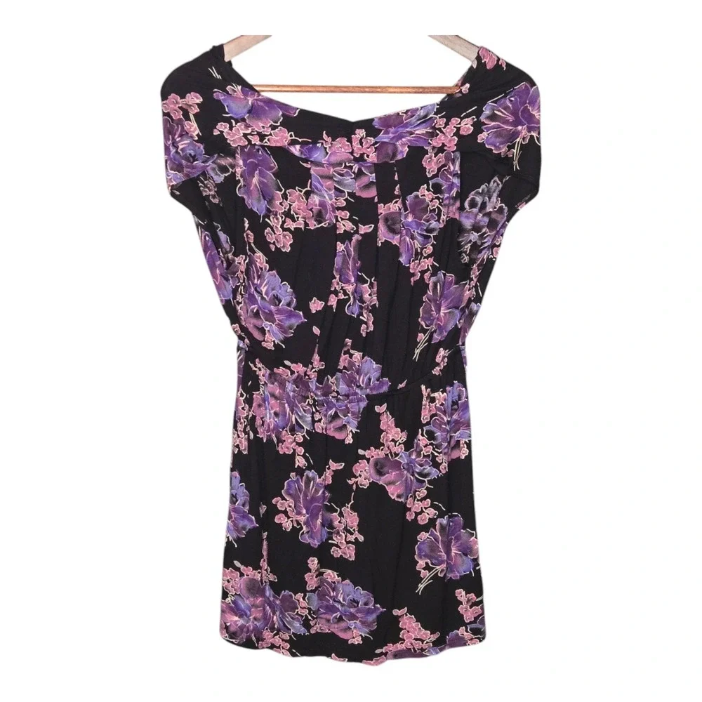 Free People Dress Womens XS Black Purple‎ Floral Boho Fairy Tunic Top